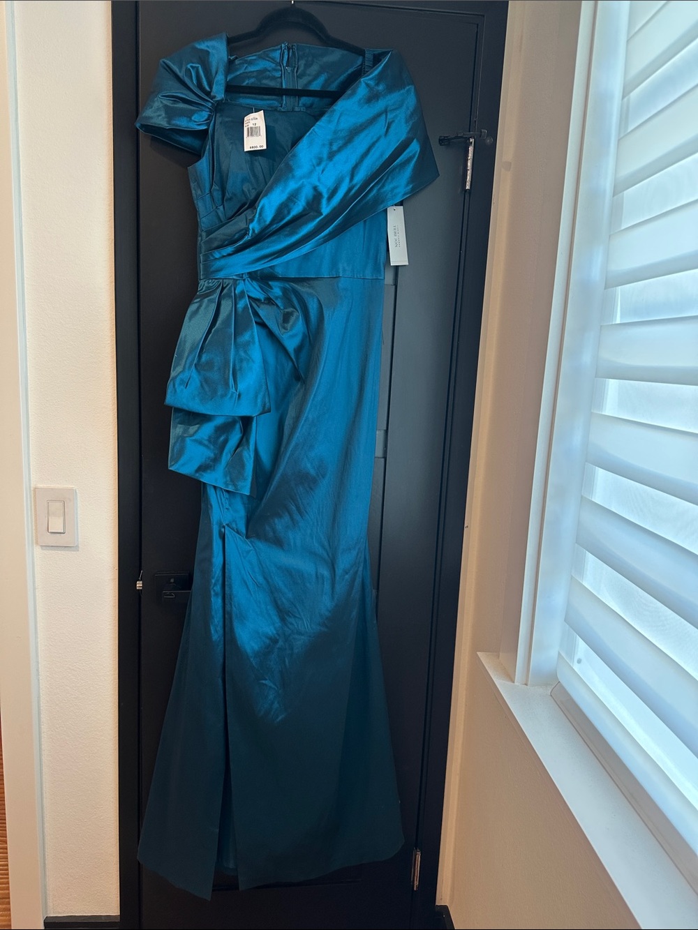 Teri Jon Teal Satin One-Shoulder Ruffle Gown
